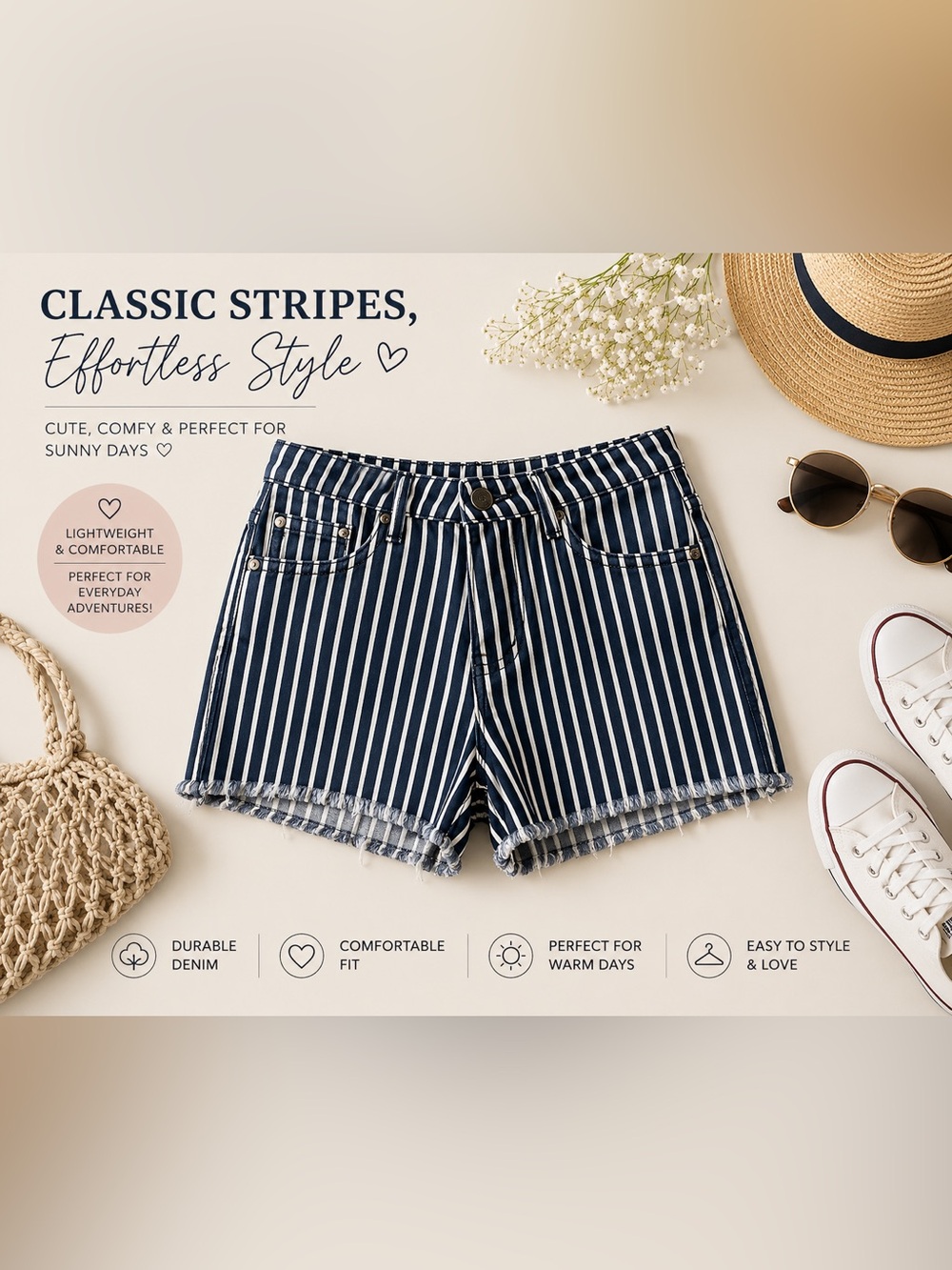 Kensie Blue and White Striped Jean Shorts